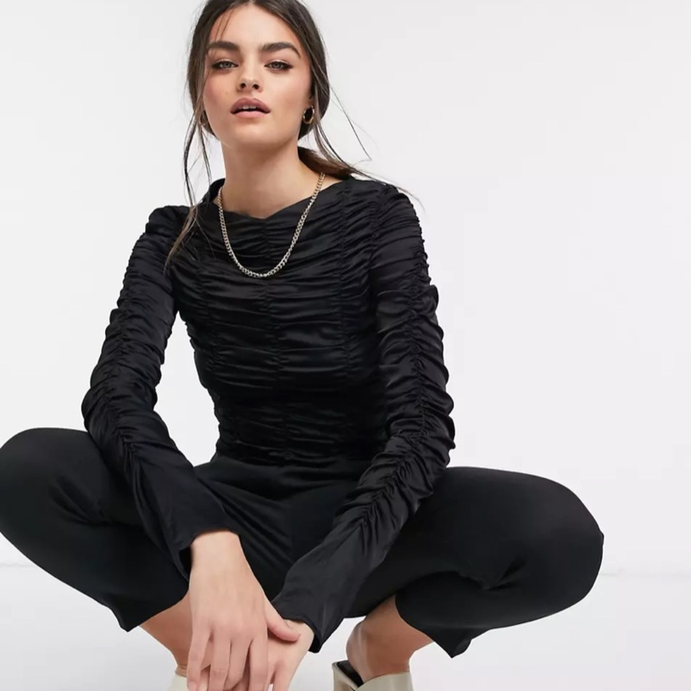 & Other Stories Elegant Black Gathered Long Sleeve Top